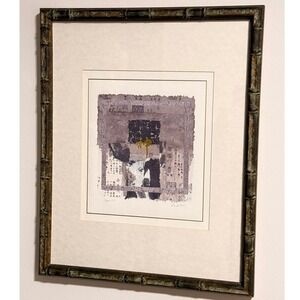 David Hu Spirit Signed Mixed Media Collage Asian Calligraphy Bamboo Frame Art
